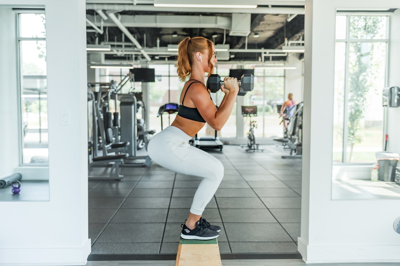 Mulher treinando glúteos com agachamento na academia
