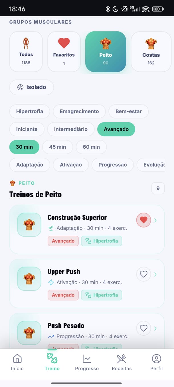 Catálogo de treinos com filtros