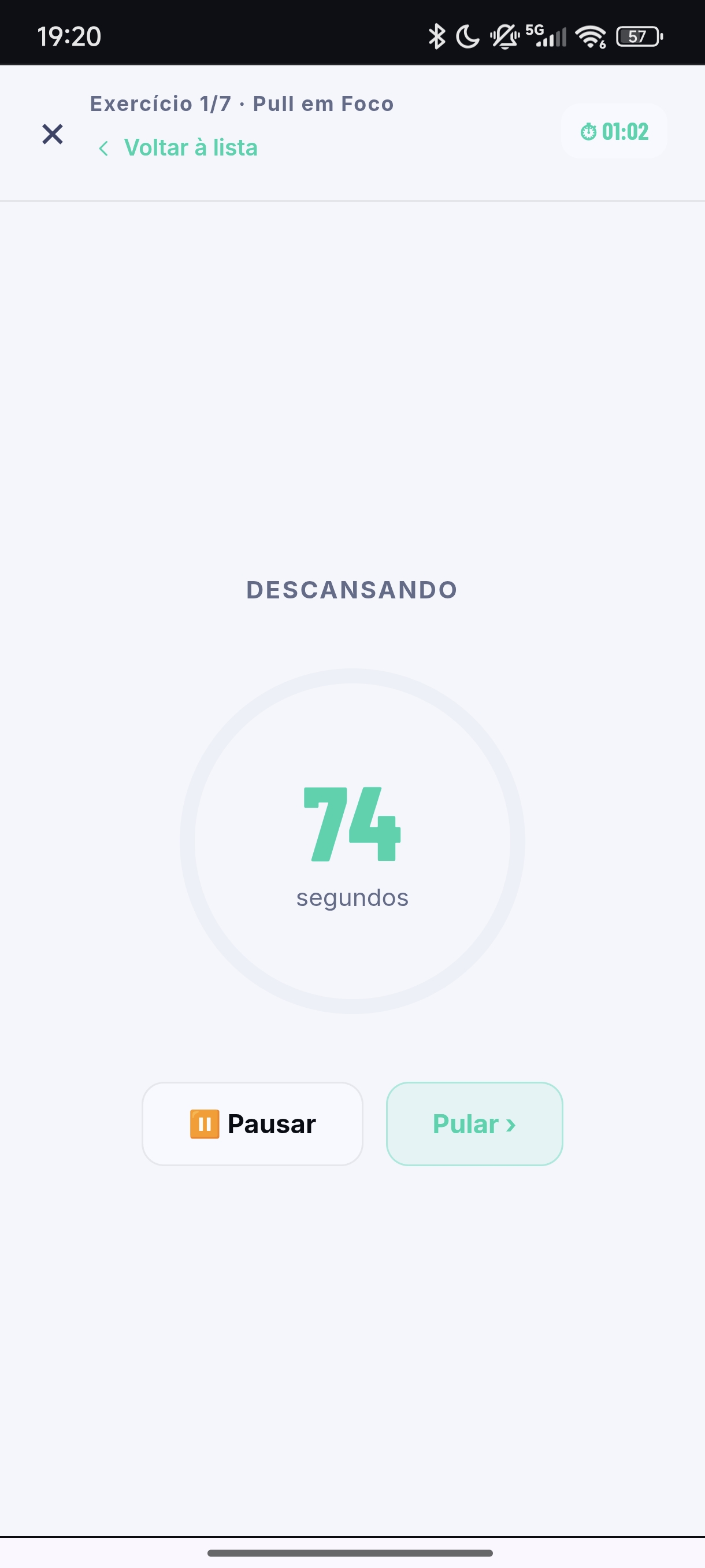 Modo guiado com descanso entre series e timer ativo