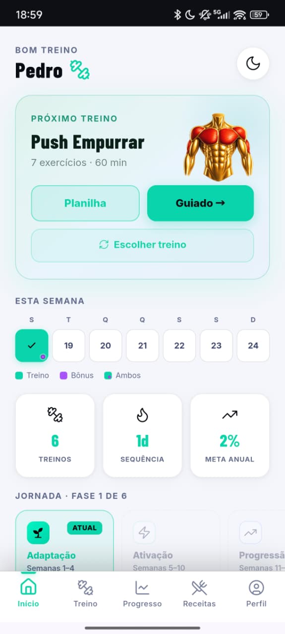 MP Treinos Fit — Tela inicial com próximo treino e progresso